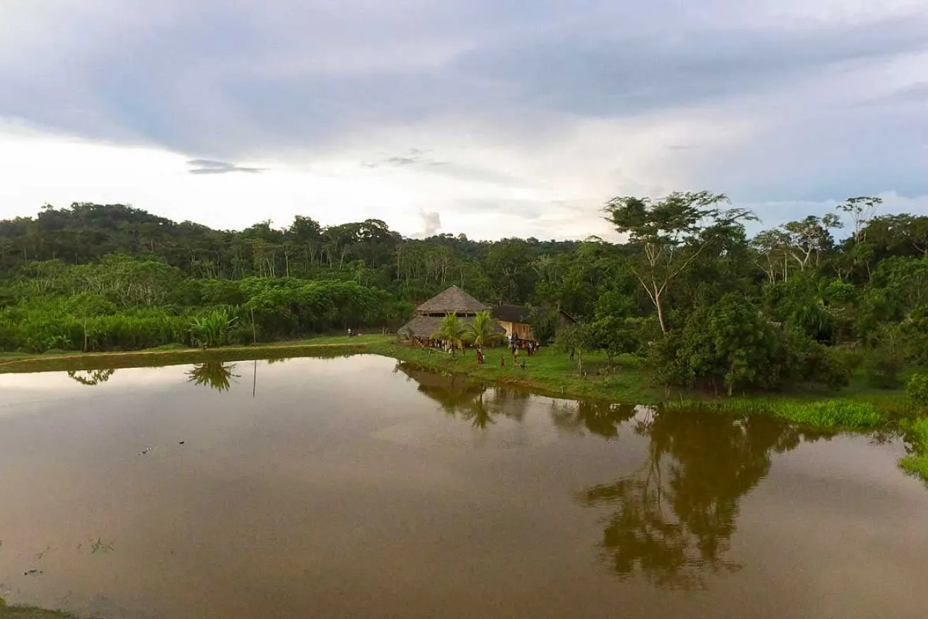 View of the Amazon, with a building along the river and a dense forest.