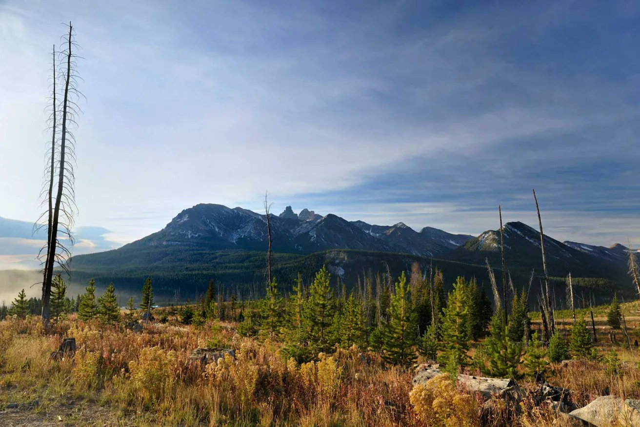 Scenic view of majestic mountains seen from a winding trail.