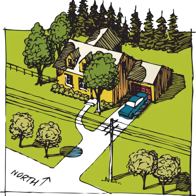 an illustration of a house and trees.