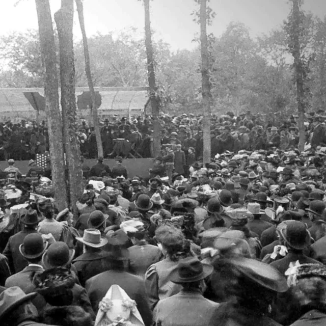 Historical photo of a gathering of people for Arbor Day.