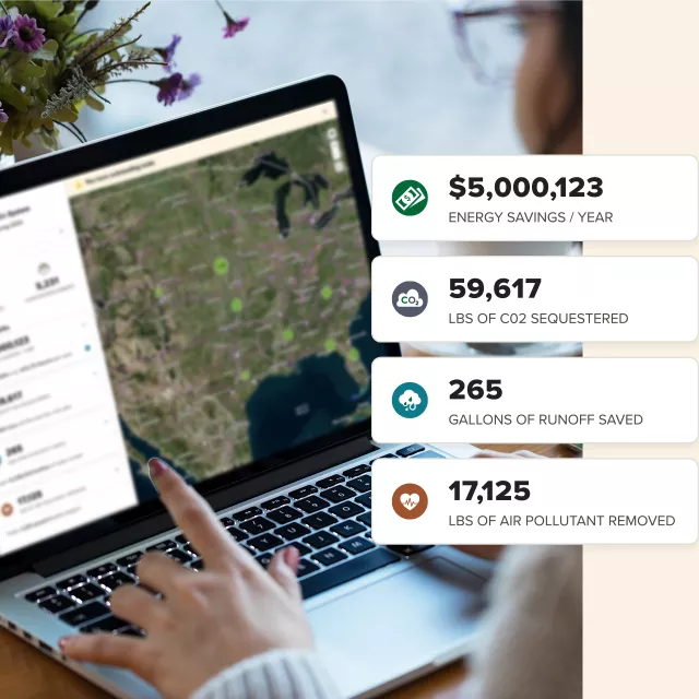 Laptop showing a view of the Community Tree Distribution platform funder experience with stats overlayed.