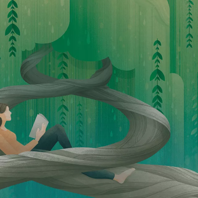 Illustration of person sitting in a tree reading a book