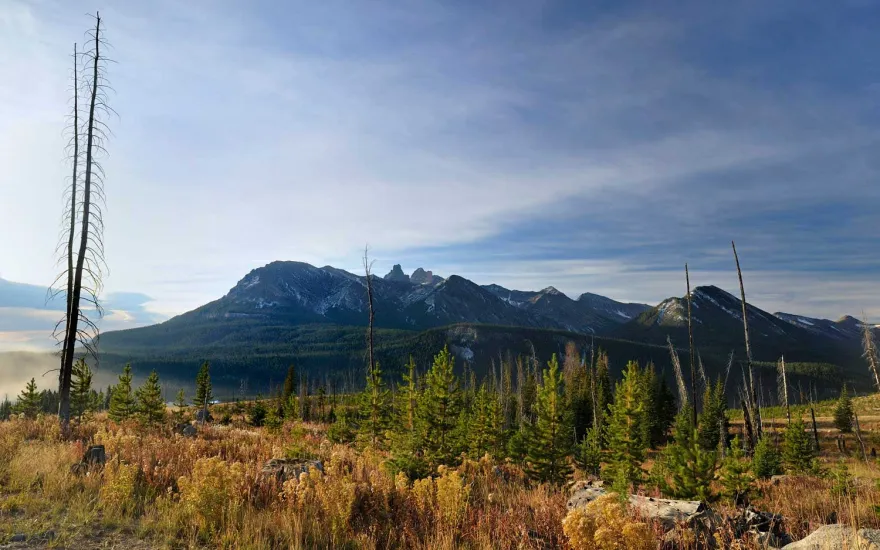 Scenic view of majestic mountains seen from a winding trail.