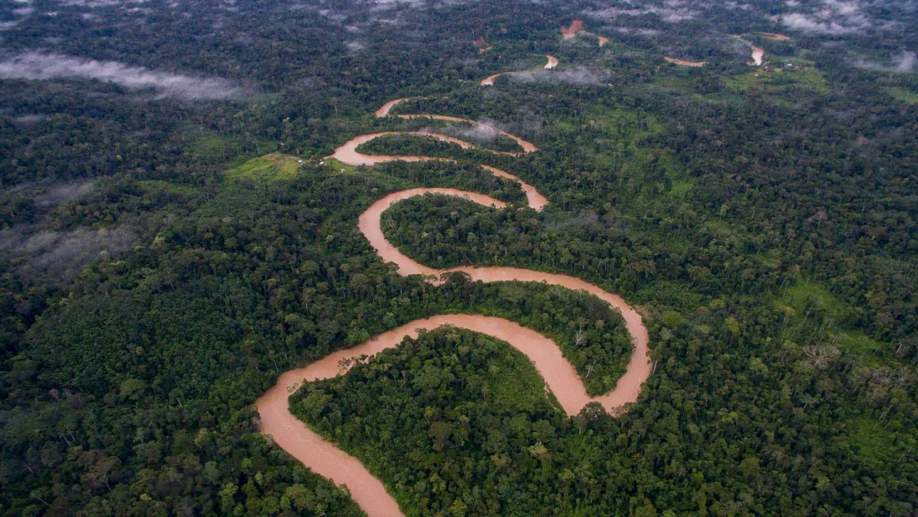 A stunning view of the Amazon River winding through the lush greenery of the Amazon rainforest.