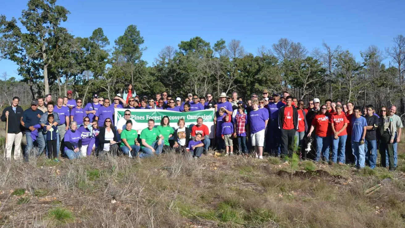 A group of people wearing purple and red shirts stands together in a sunny field.